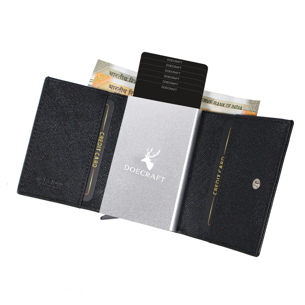 DOECRAFT Men Casual, Formal Black Saffiano Genuine Leather Wallet (8 Card Slots)