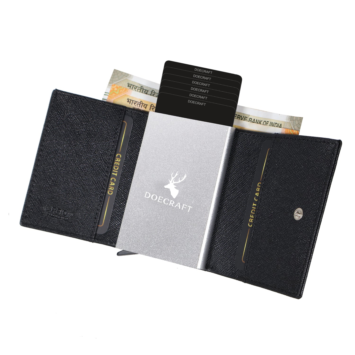 DOECRAFT Men Casual, Formal Black Saffiano Genuine Leather Wallet (8 Card Slots)