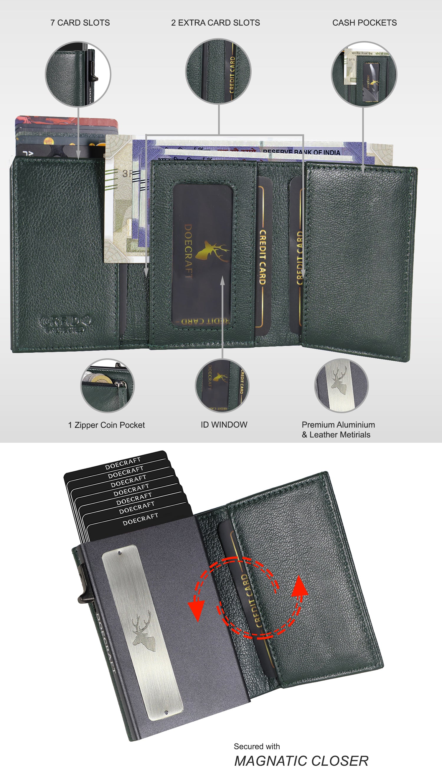 DOECRAFT Men Casual, Formal Green, Black Genuine Leather, Aluminium Wallet (10 Card Slots)