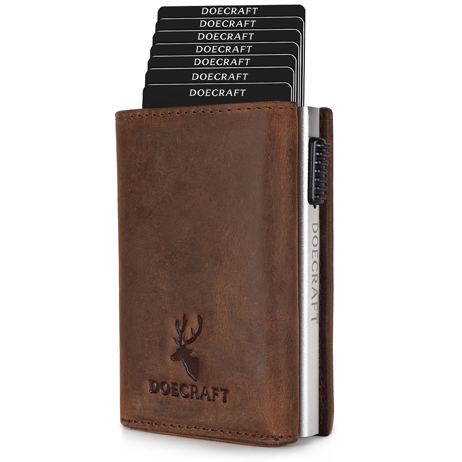 DOECRAFT Men Casual, Formal Brown, Silver Genuine Leather, Aluminium Wallet (10 Card Slots)