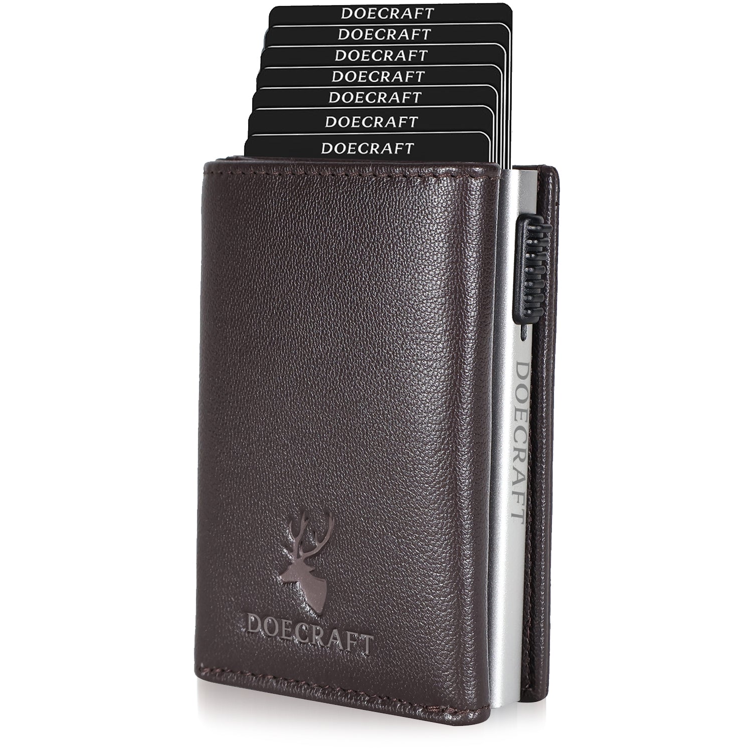 DOECRAFT Men Casual, Formal Brown, Silver Genuine Leather, Aluminium Wallet (10 Card Slots)