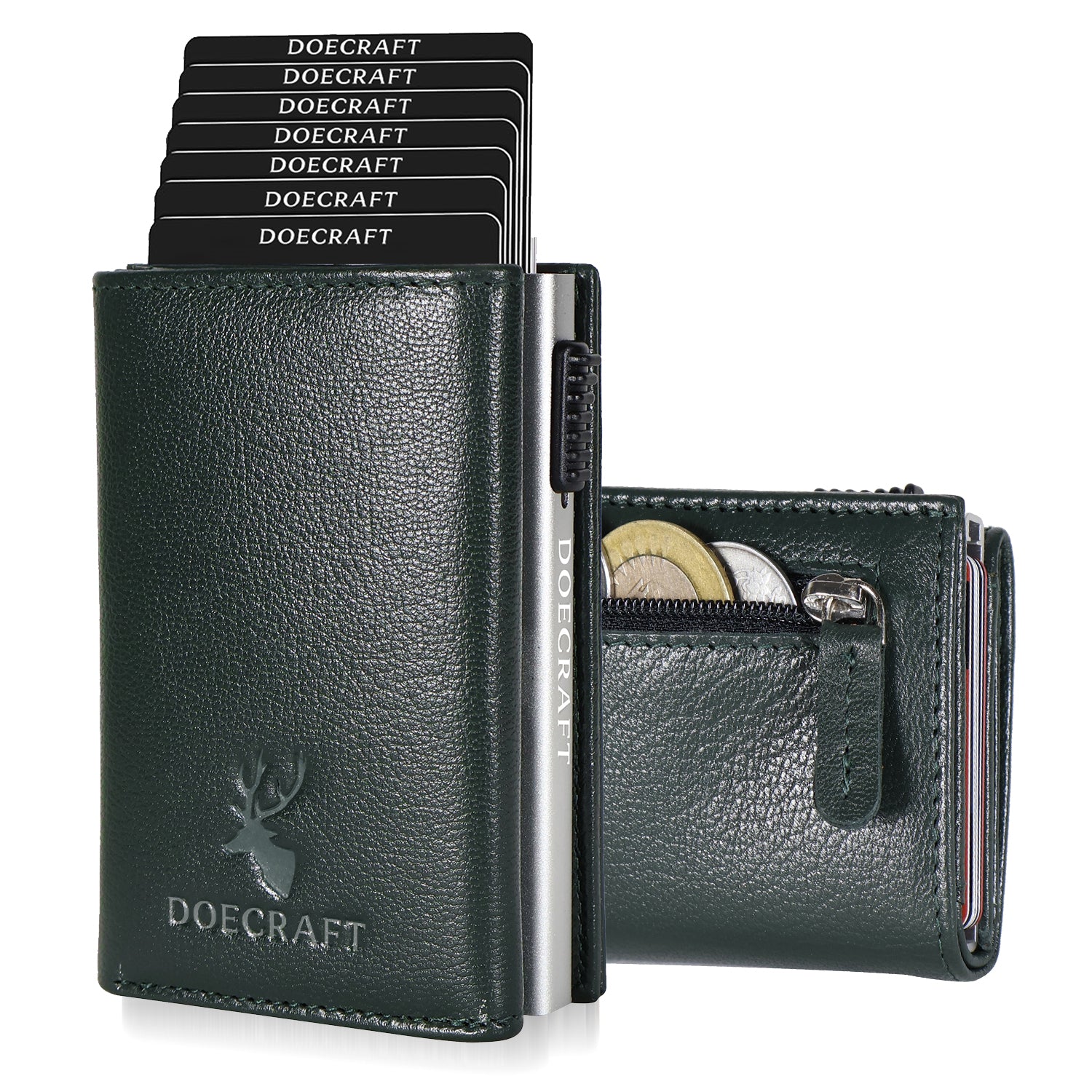 DOECRAFT Men Casual, Formal Green, Silver Genuine Leather, Aluminium Wallet (10 Card Slots)