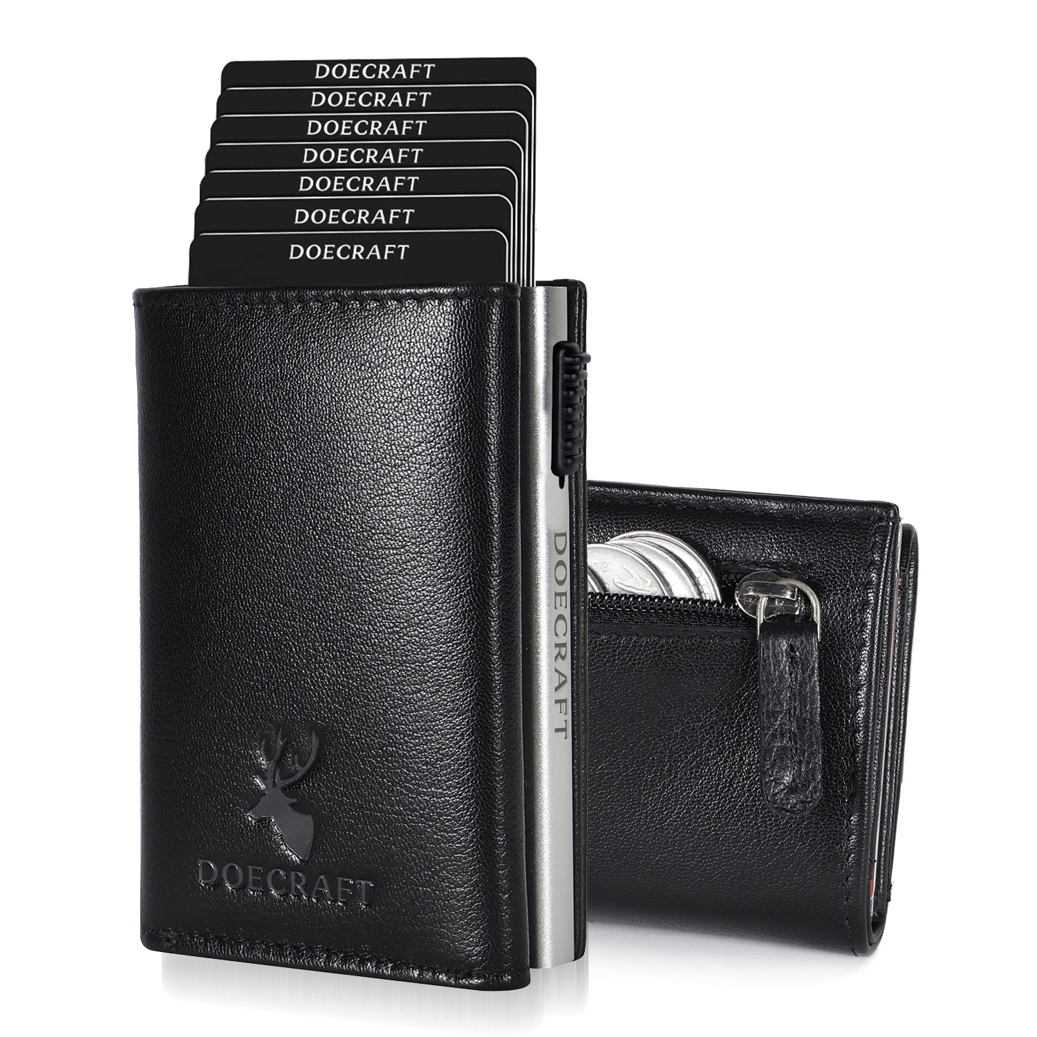 DOECRAFT Men Casual, Formal Black, Silver Genuine Leather, Aluminium Wallet (10 Card Slots)