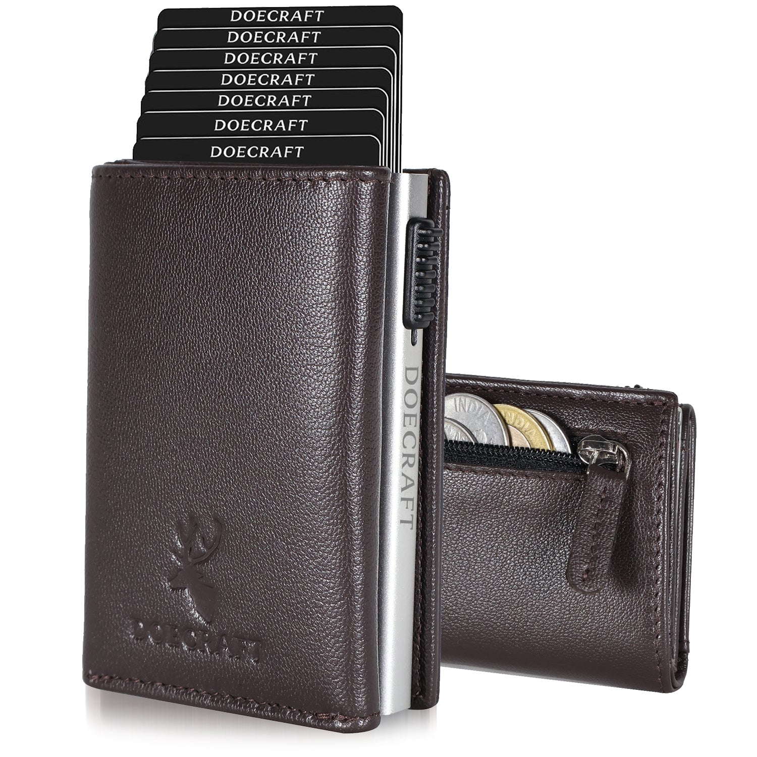 DOECRAFT Men Casual, Formal Brown, Silver Genuine Leather, Aluminium Wallet (10 Card Slots)