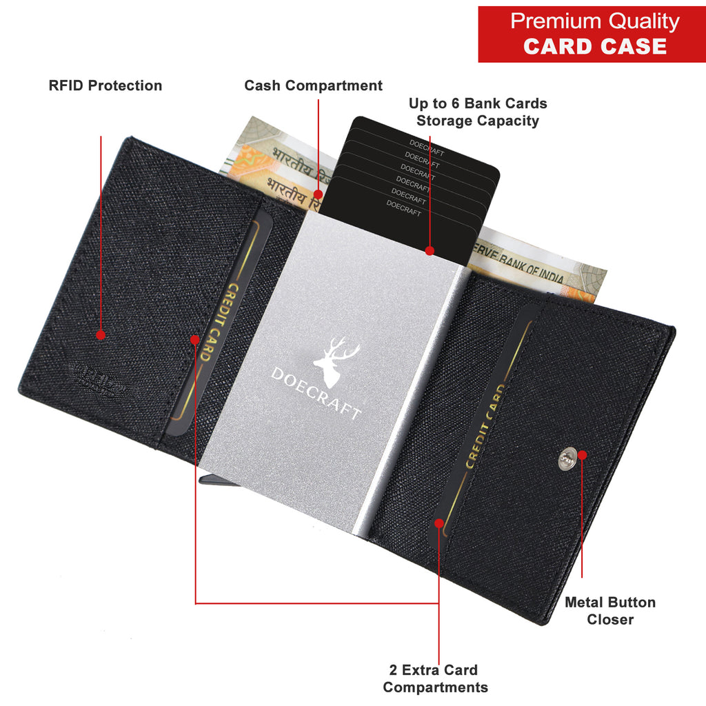 DOECRAFT Men Casual, Formal Black Saffiano Genuine Leather Wallet (8 Card Slots)