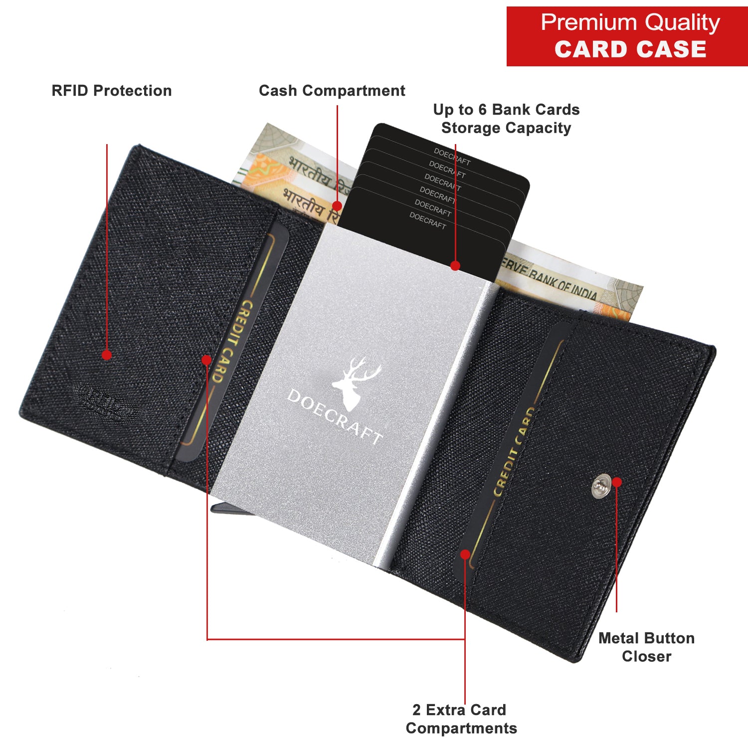 DOECRAFT Men Casual, Formal Black Saffiano Genuine Leather Wallet (8 Card Slots)