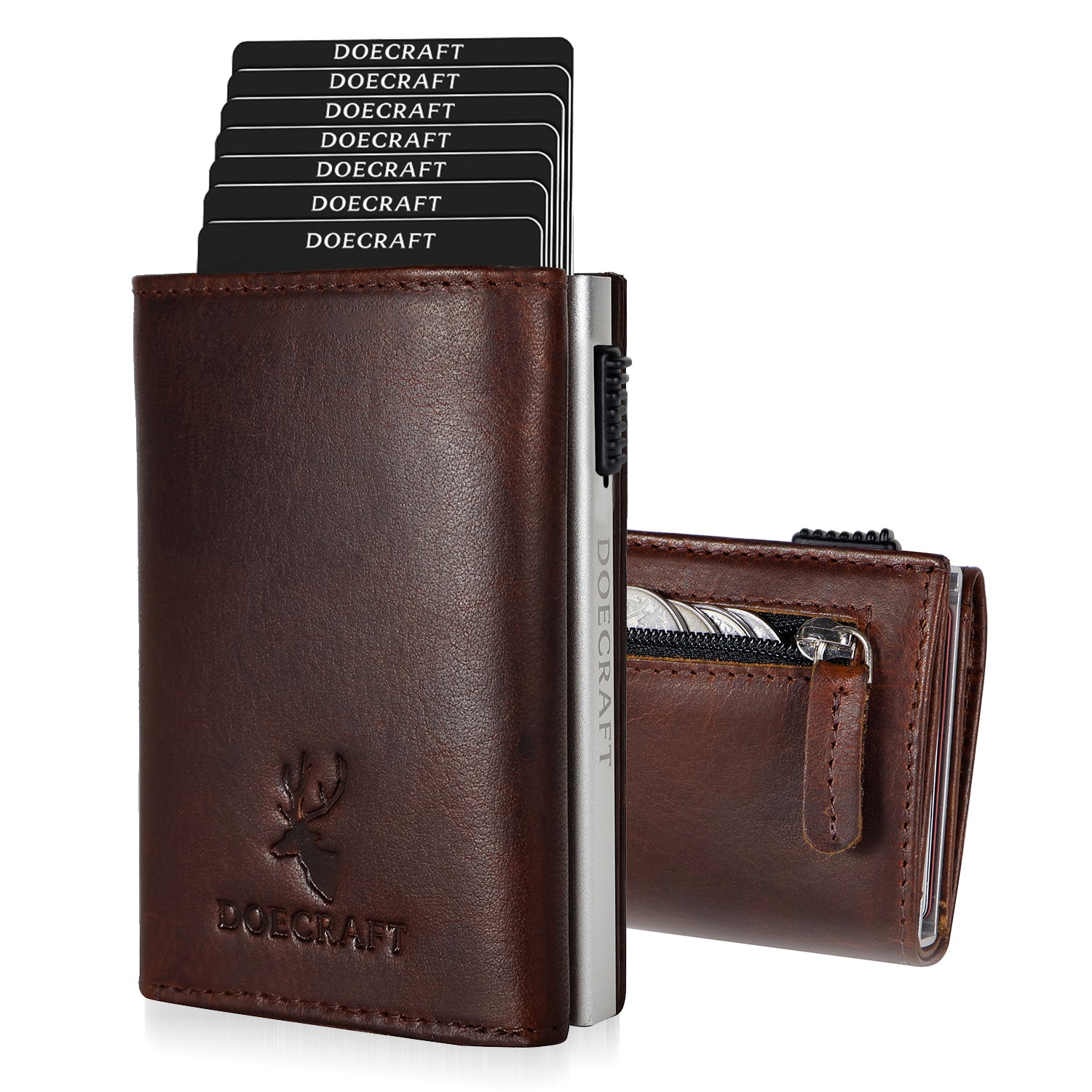 DOECRAFT Men Casual, Formal Brown, Silver Genuine Leather, Aluminium Wallet (10 Card Slots)