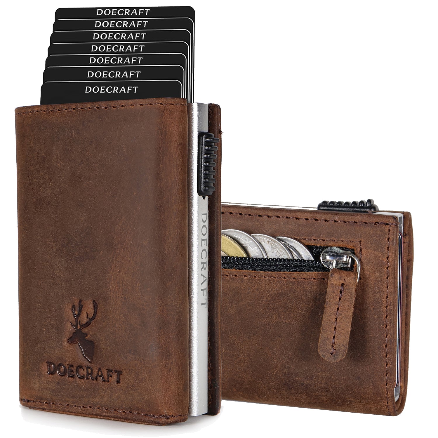 DOECRAFT Men Casual, Formal Brown, Silver Genuine Leather, Aluminium Wallet (10 Card Slots)