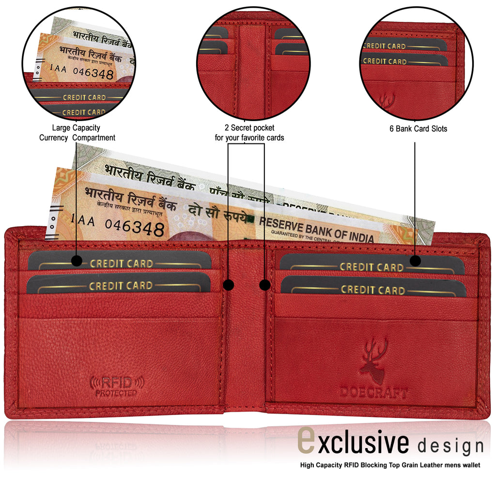 DOECRAFT Men Casual, Formal, Trendy Red Genuine Leather Wallet (8 Card Slots)