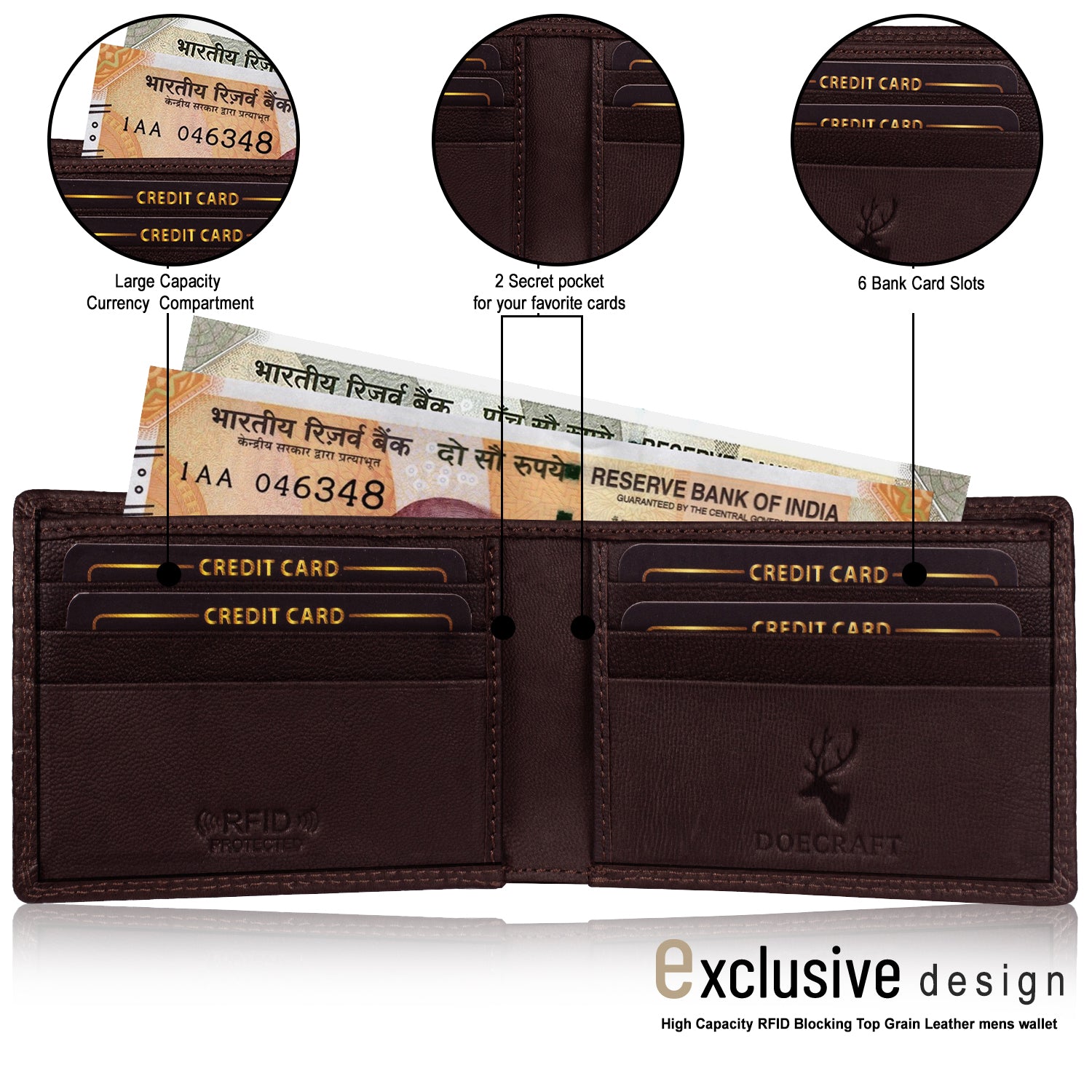 DOECRAFT Men Casual, Formal, Trendy Brown Genuine Leather Wallet (8 Card Slots)