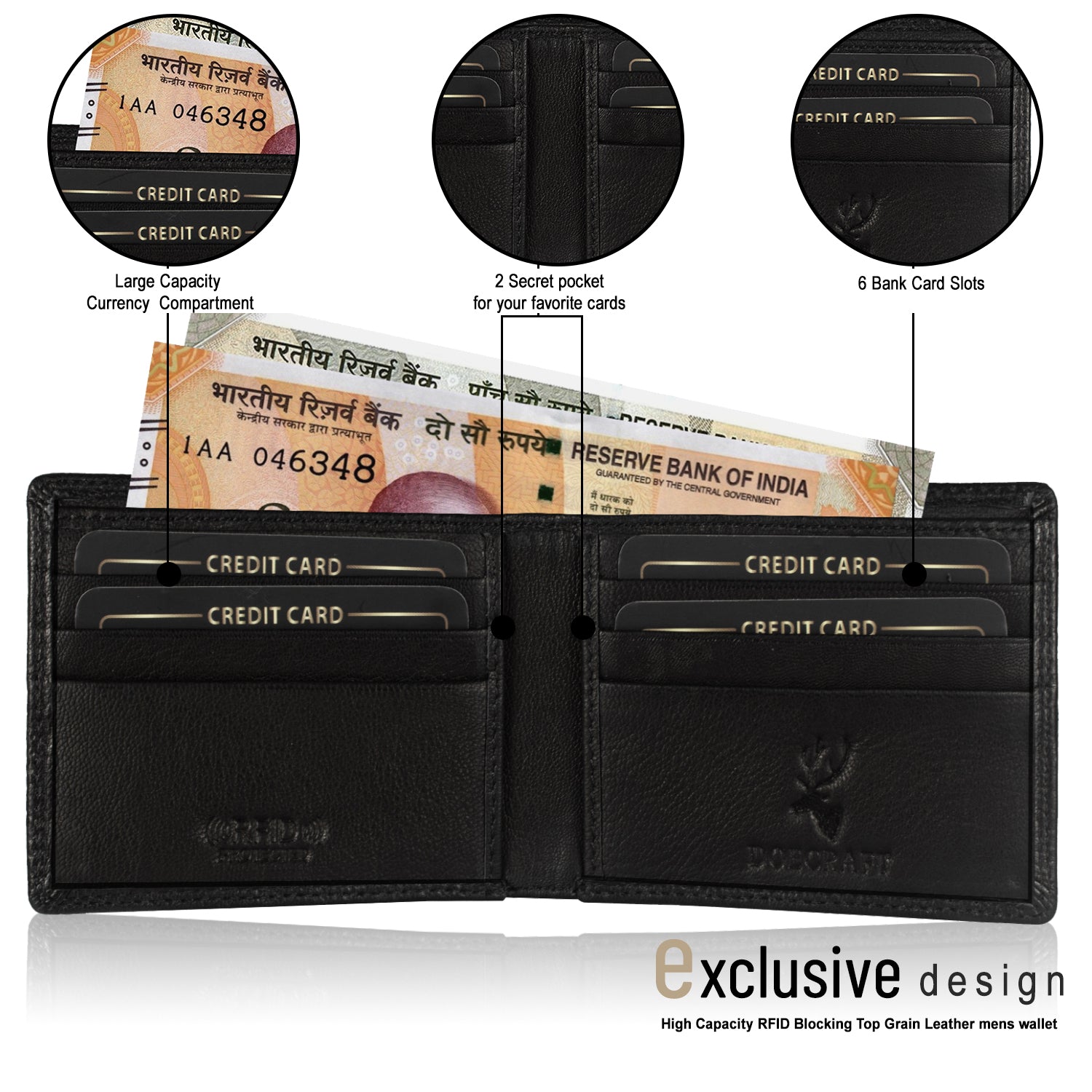 DOECRAFT Men Casual, Formal Black Genuine Leather Wallet (8 Card Slots)