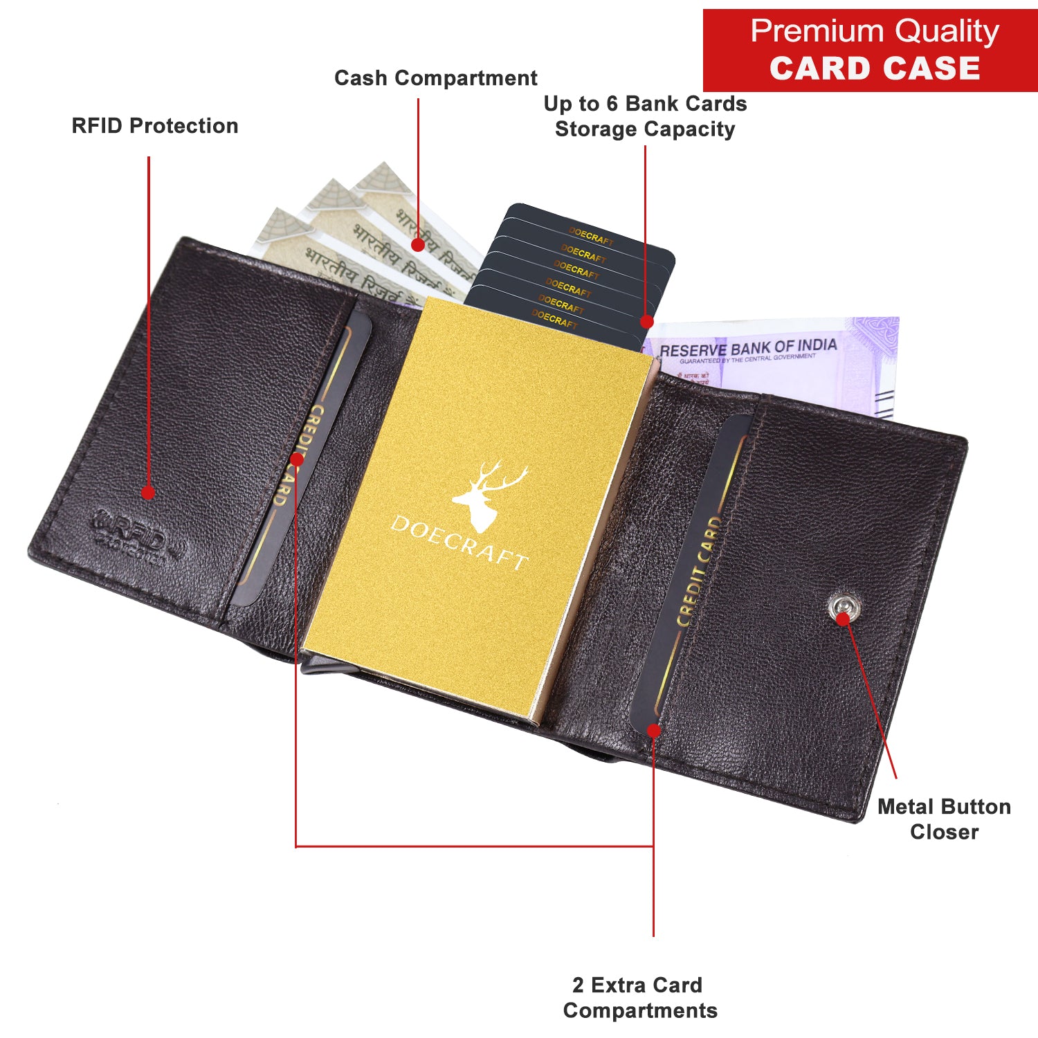DOECRAFT Men Casual, Formal Brown, Gold Genuine Leather Wallet (8 Card Slots)