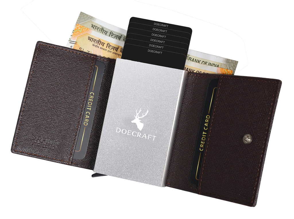 DOECRAFT Men Casual, Formal Brown Saffiano Genuine Leather Wallet (8 Card Slots)