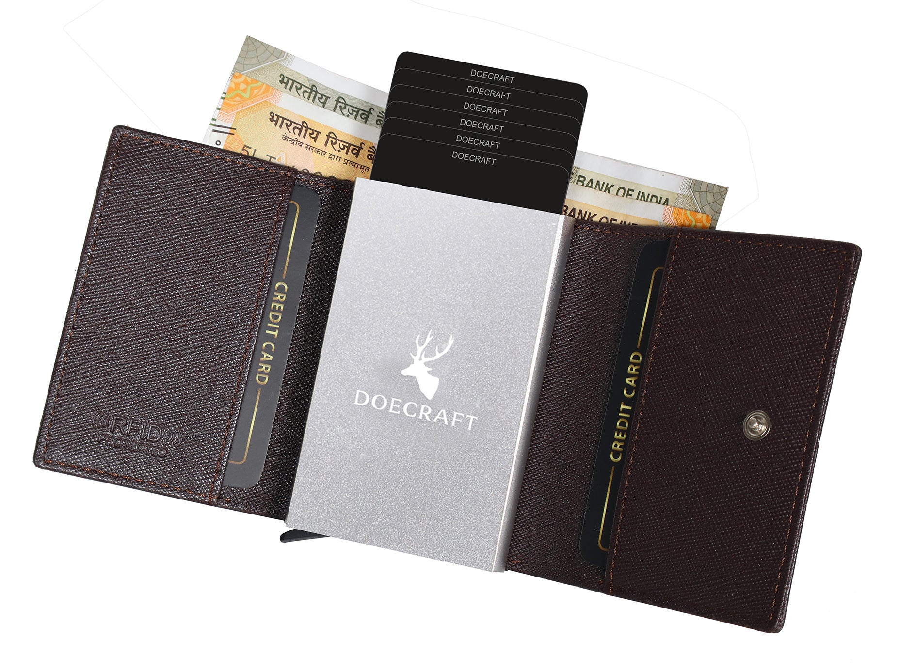 DOECRAFT Men Casual, Formal Brown Saffiano Genuine Leather Wallet (8 Card Slots)