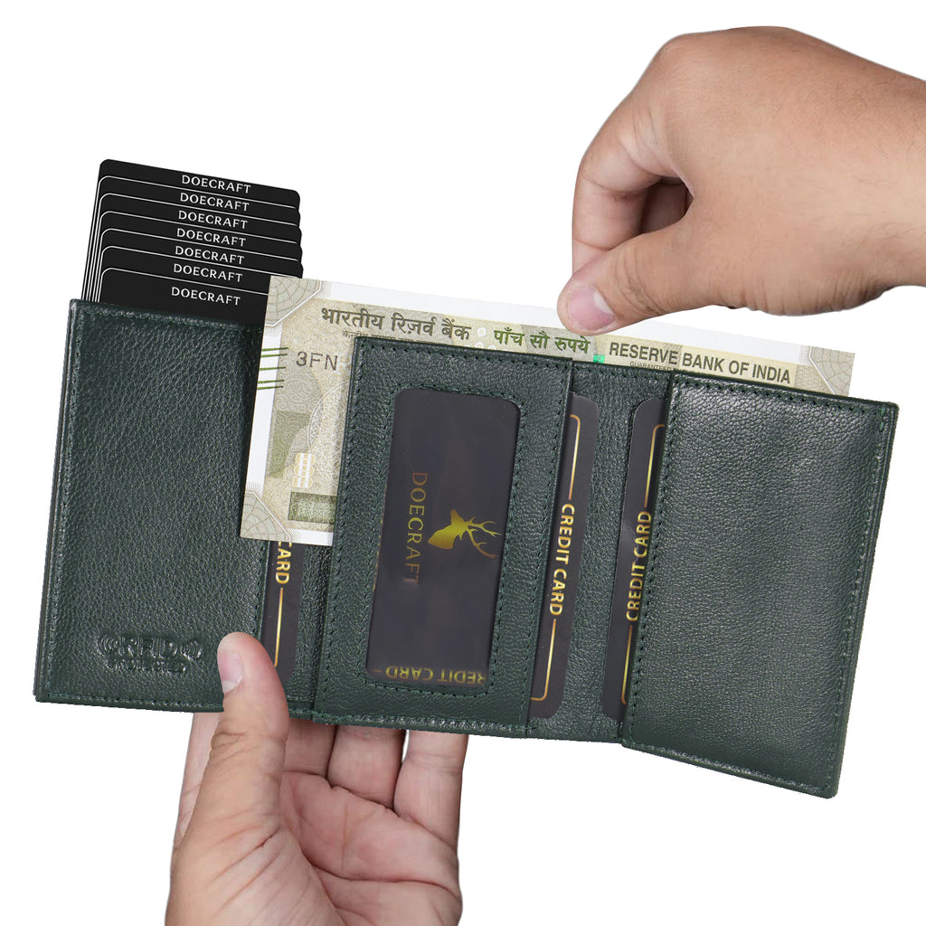 DOECRAFT Men Casual, Formal Green, Black Genuine Leather, Aluminium Wallet (10 Card Slots)
