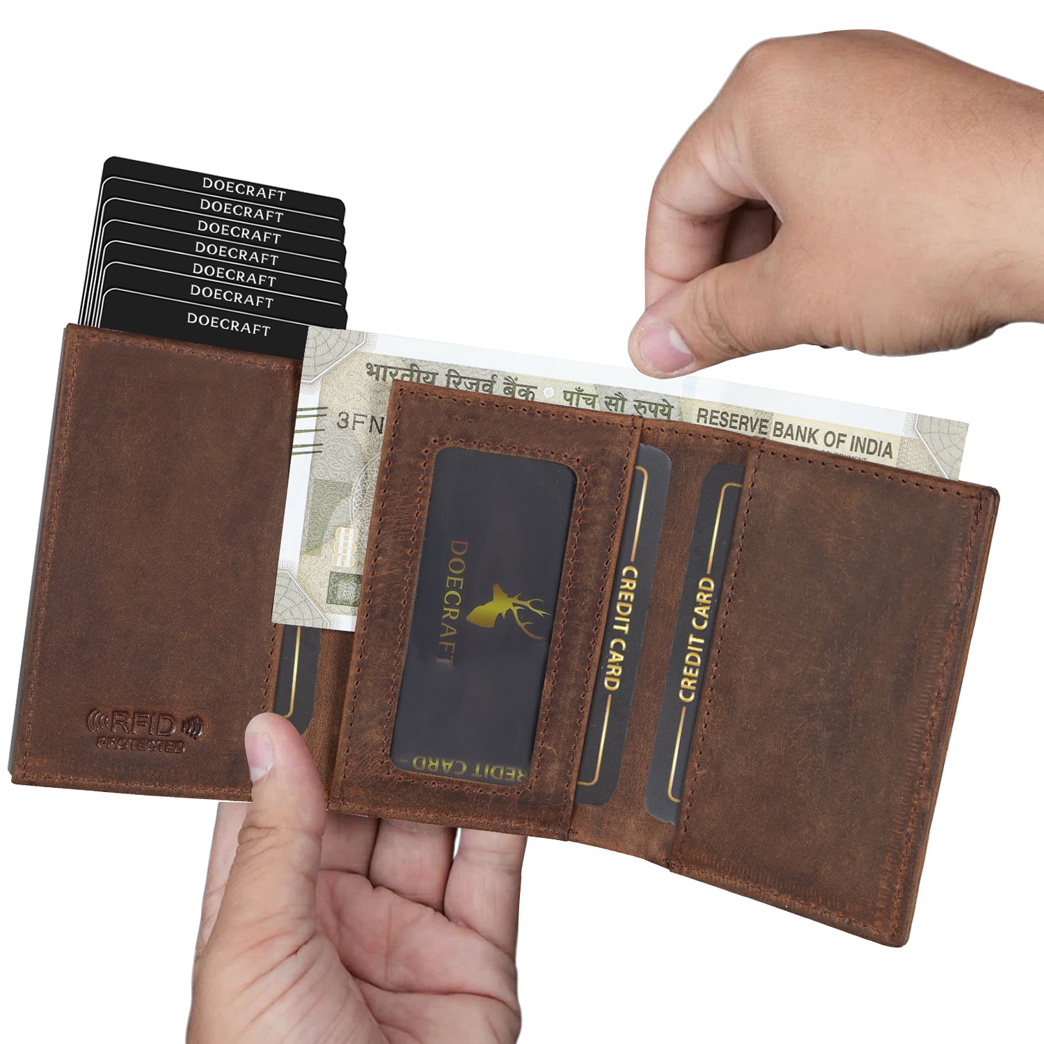 DOECRAFT Men Casual, Formal Brown, Black Genuine Leather, Aluminium Wallet (10 Card Slots)