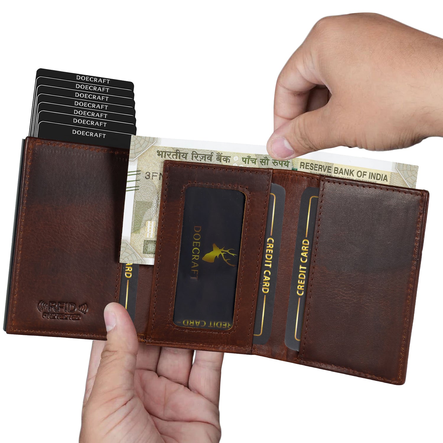 DOECRAFT Men Casual, Formal Brown, Black Genuine Leather, Aluminium Wallet (10 Card Slots)