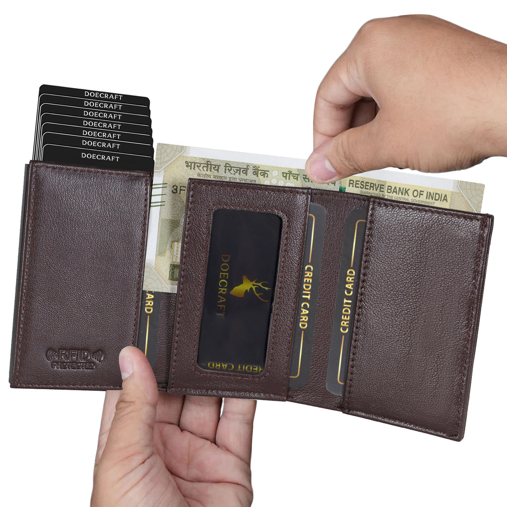 DOECRAFT Men Casual, Formal Brown, Black Genuine Leather, Aluminium Wallet (10 Card Slots)