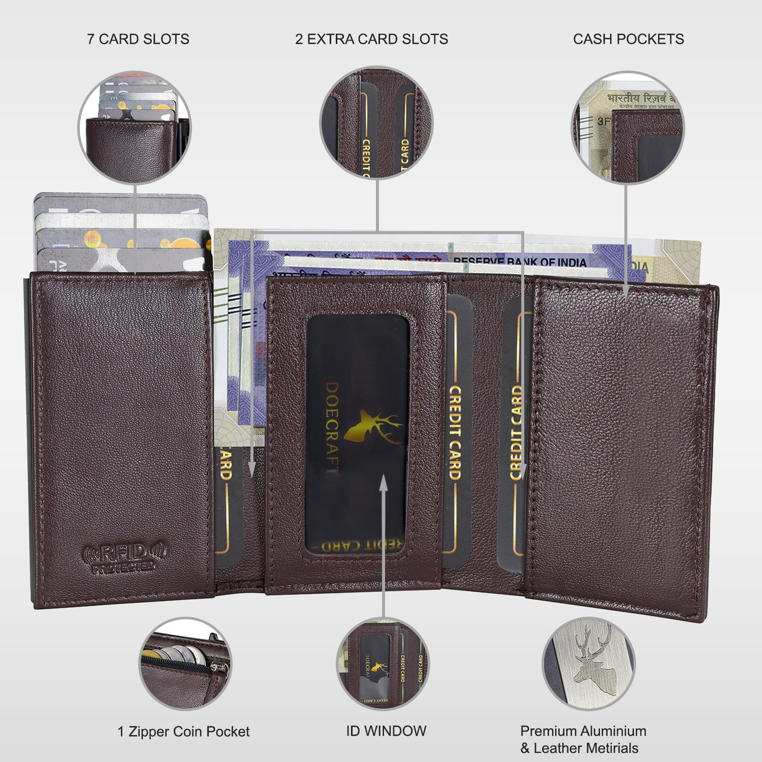 DOECRAFT Men Casual, Formal Brown, Black Genuine Leather, Aluminium Wallet (10 Card Slots)