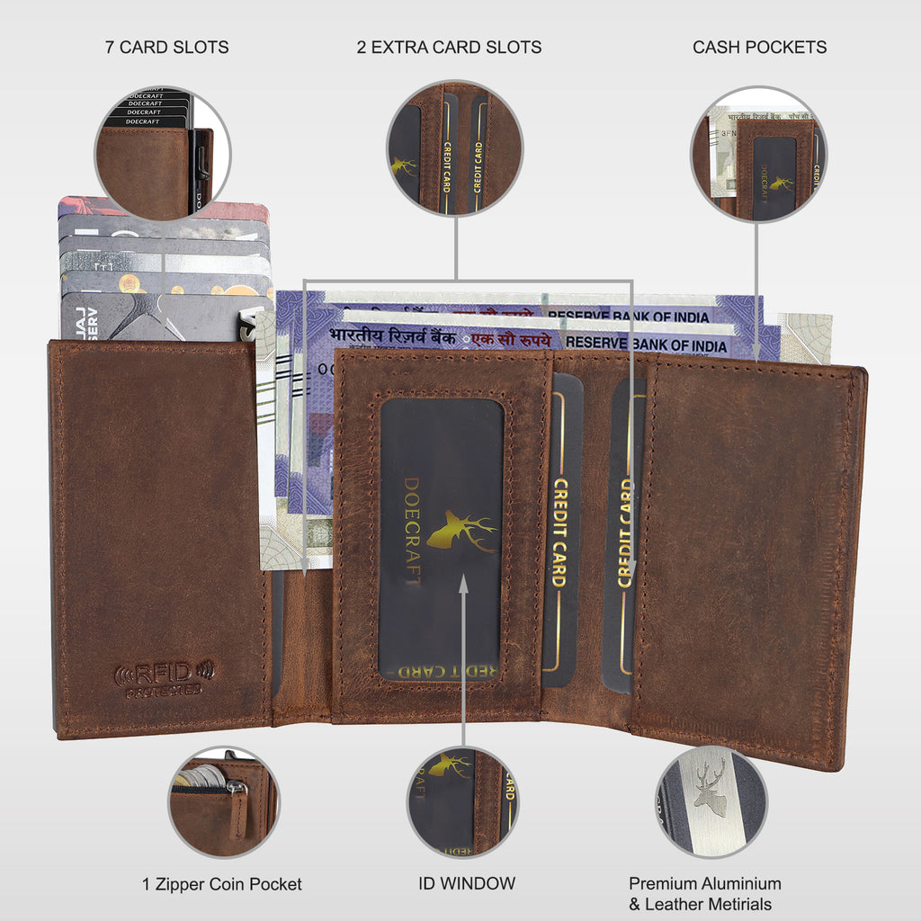 DOECRAFT Men Casual, Formal Brown, Black Genuine Leather, Aluminium Wallet (10 Card Slots)