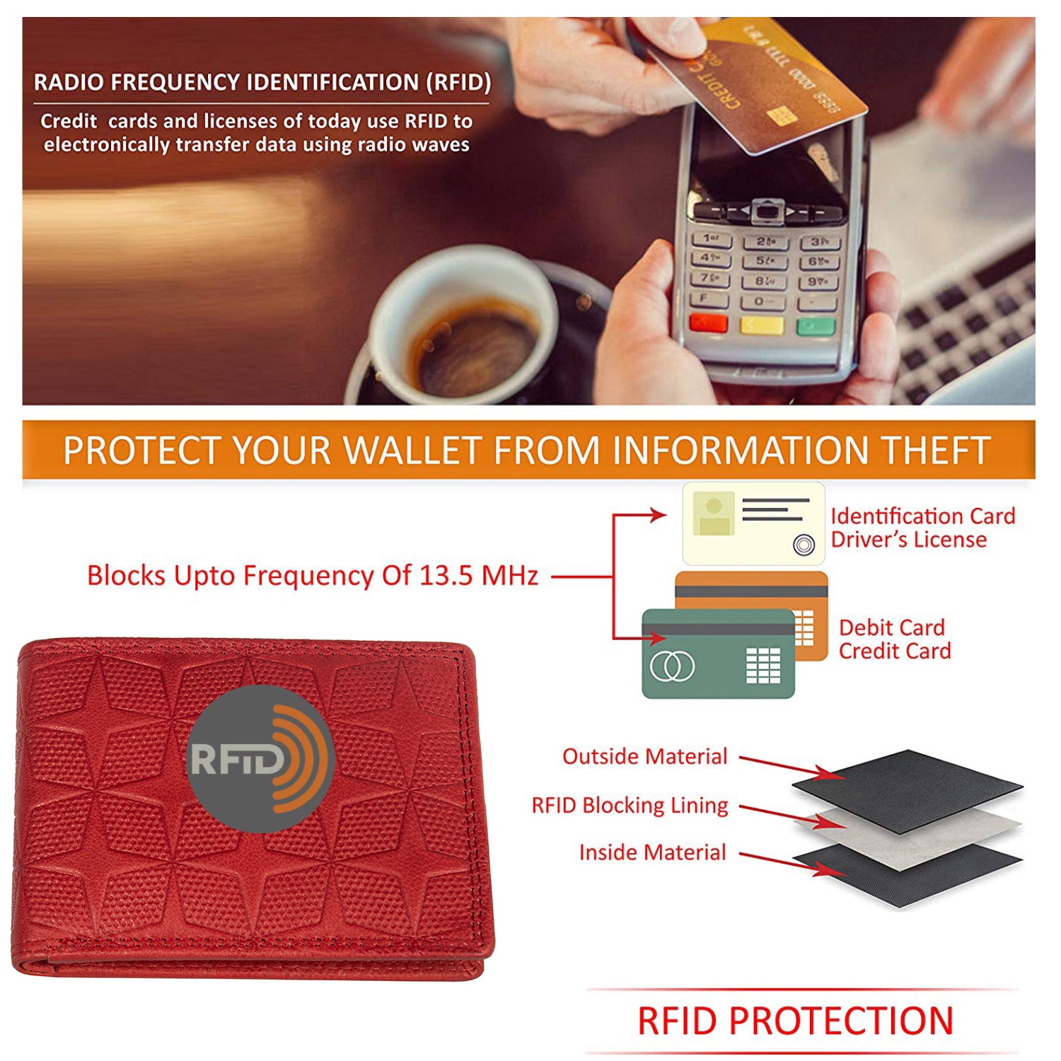 DOECRAFT Men Casual, Formal, Trendy Red Genuine Leather Wallet (8 Card Slots)