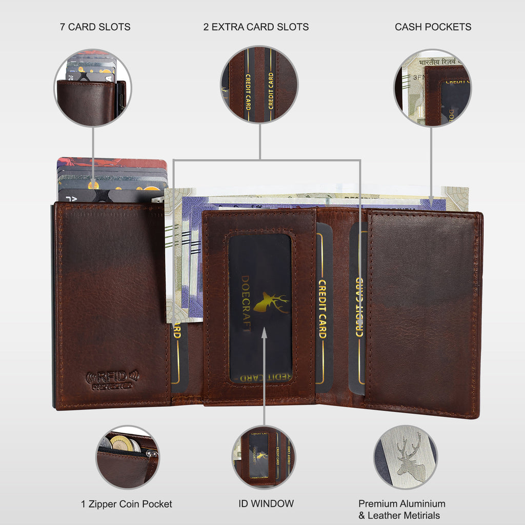 DOECRAFT Men Casual, Formal Brown, Black Genuine Leather, Aluminium Wallet (10 Card Slots)
