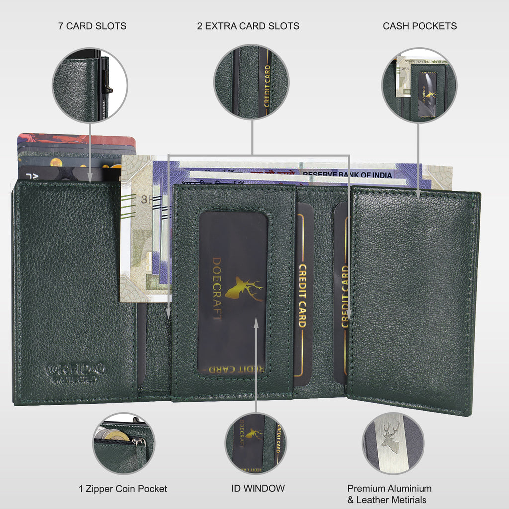 DOECRAFT Men Casual, Formal Green, Black Genuine Leather, Aluminium Wallet (10 Card Slots)