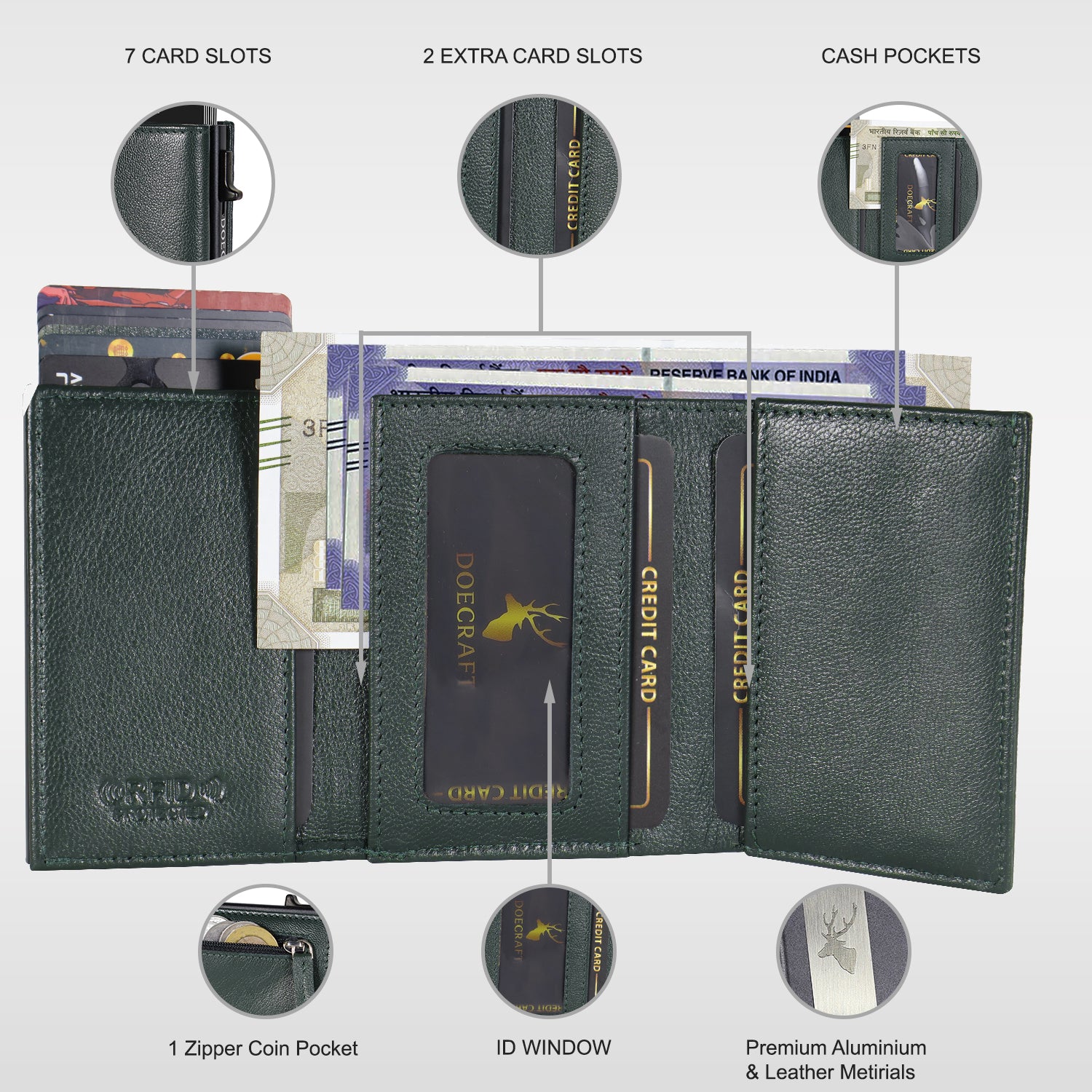 DOECRAFT Men Casual, Formal Green, Black Genuine Leather, Aluminium Wallet (10 Card Slots)