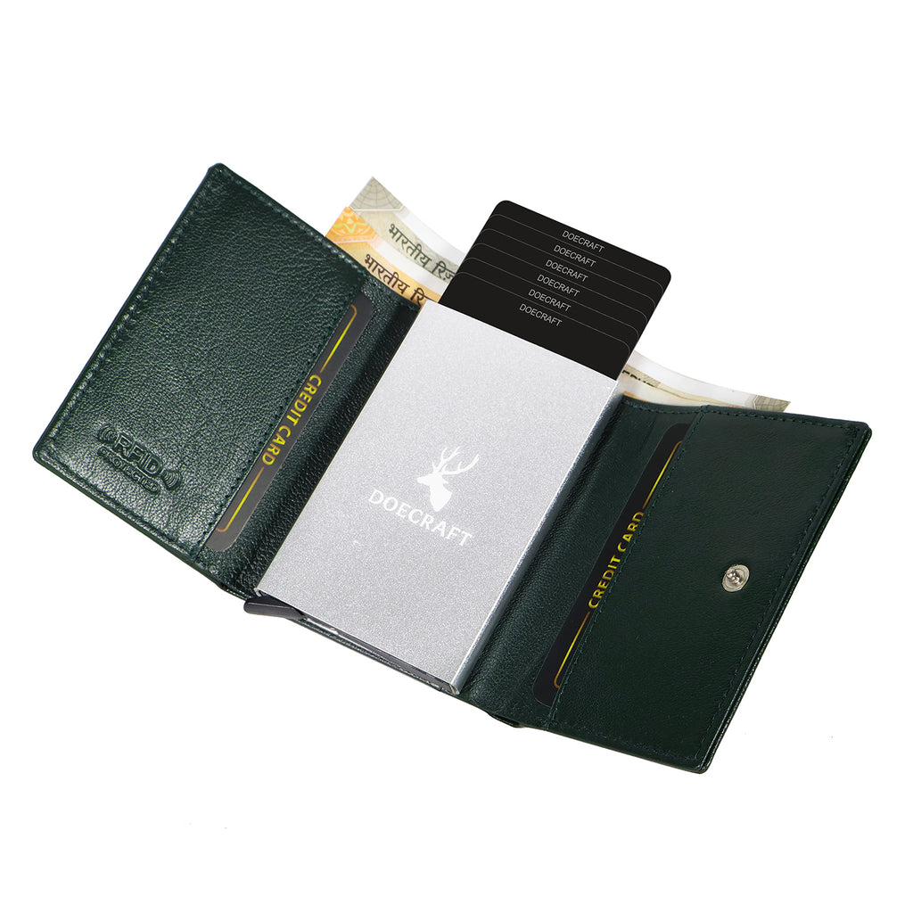 DOECRAFT Men Casual, Formal Green, Silver Genuine Leather Wallet (8 Card Slots)