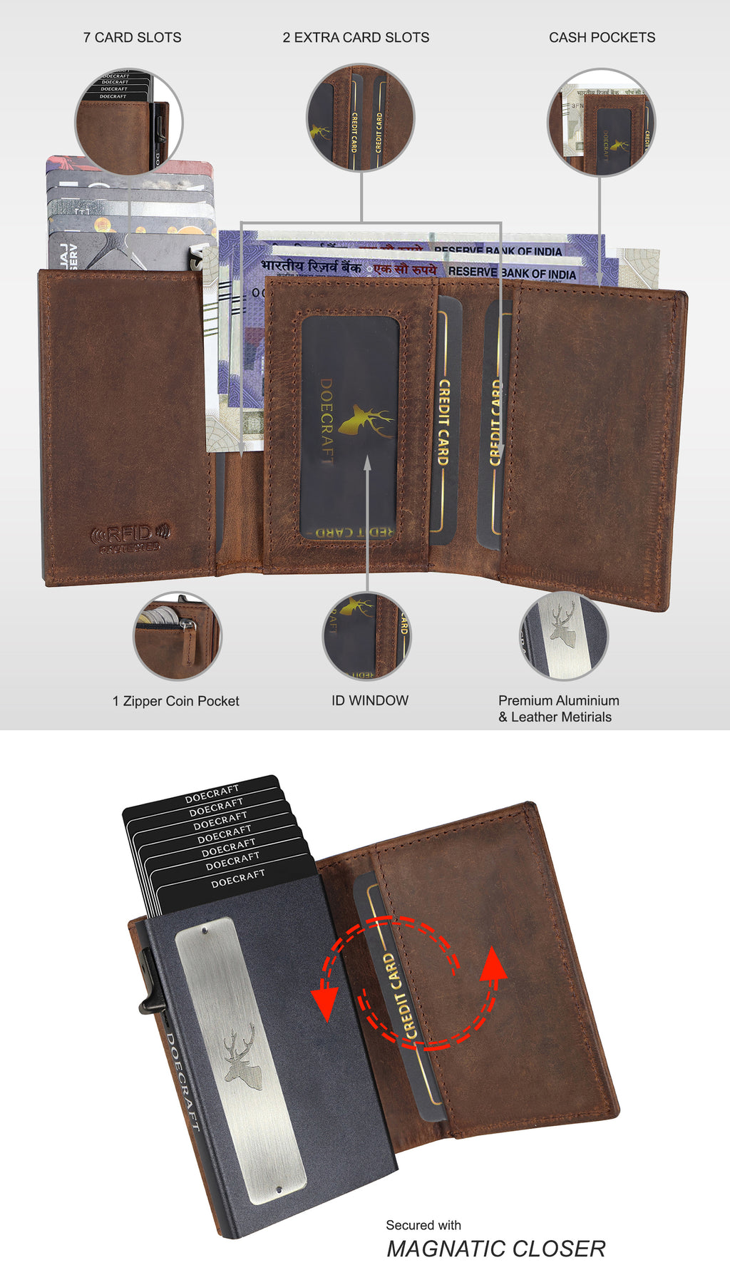 DOECRAFT Men Casual, Formal Brown, Black Genuine Leather, Aluminium Wallet (10 Card Slots)