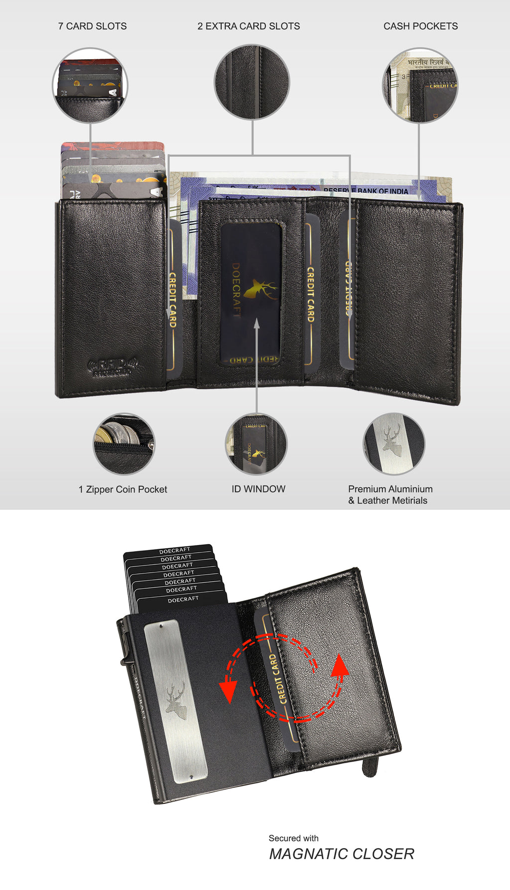 DOECRAFT Men Casual, Formal Black Genuine Leather, Aluminium Wallet (10 Card Slots)