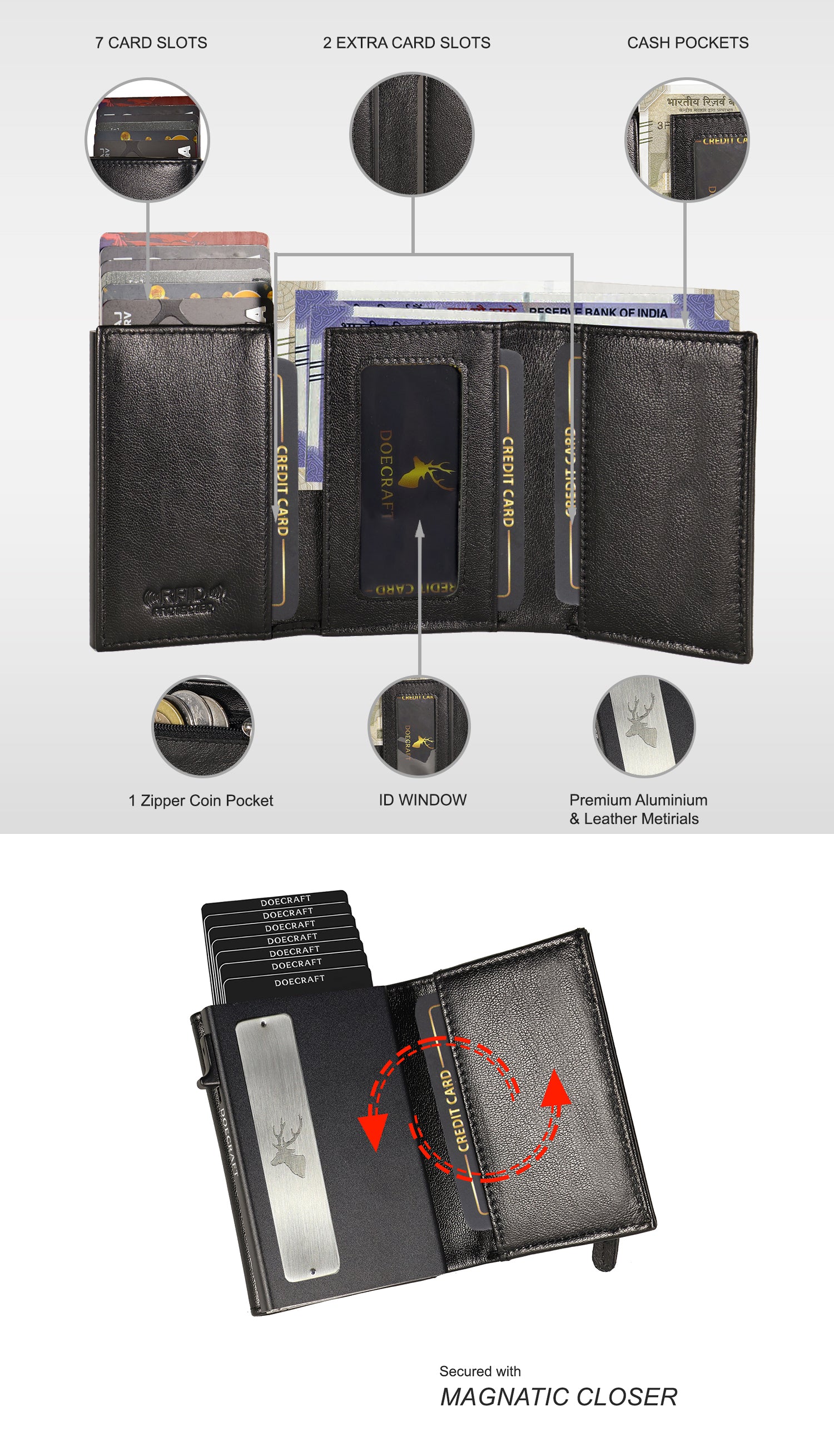 DOECRAFT Men Casual, Formal Black Genuine Leather, Aluminium Wallet (10 Card Slots)