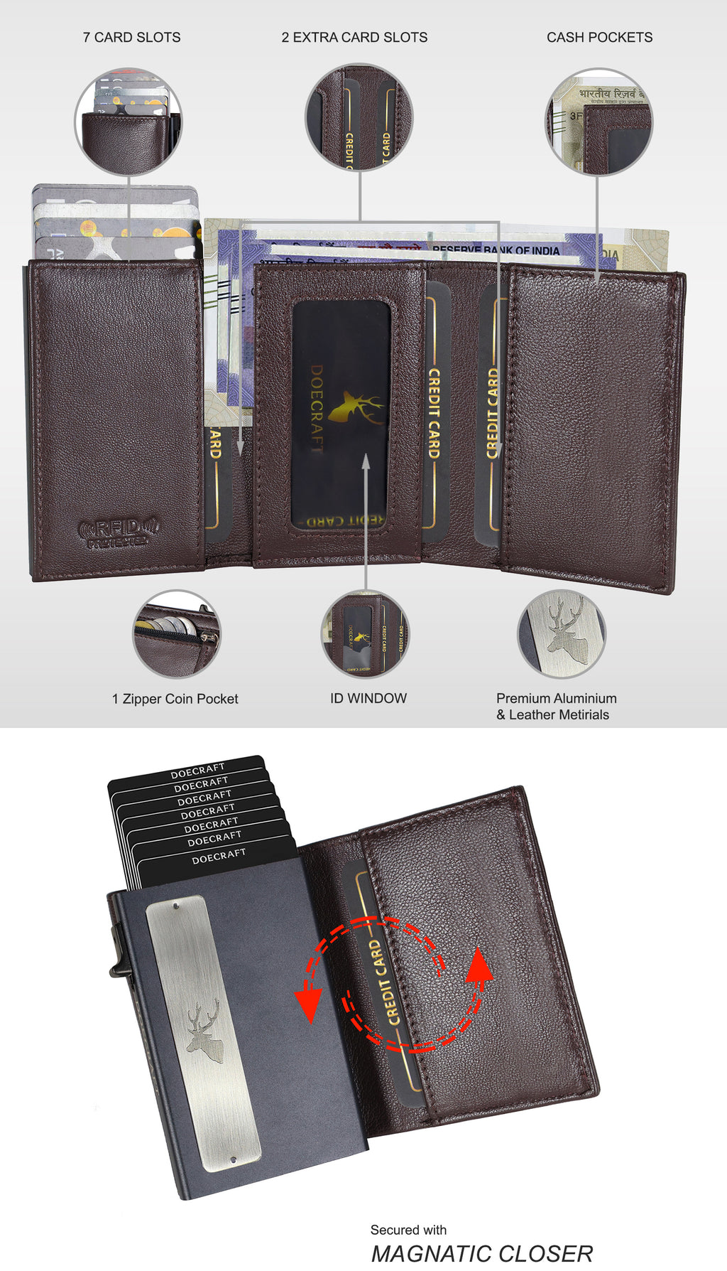 DOECRAFT Men Casual, Formal Brown, Black Genuine Leather, Aluminium Wallet (10 Card Slots)