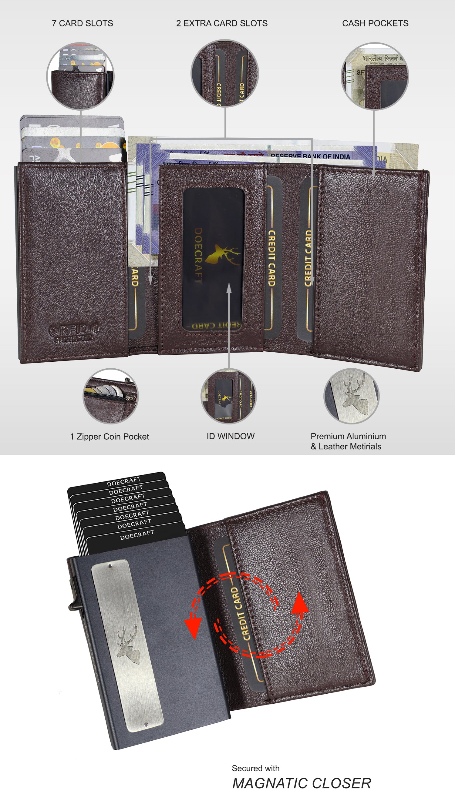 DOECRAFT Men Casual, Formal Brown, Black Genuine Leather, Aluminium Wallet (10 Card Slots)