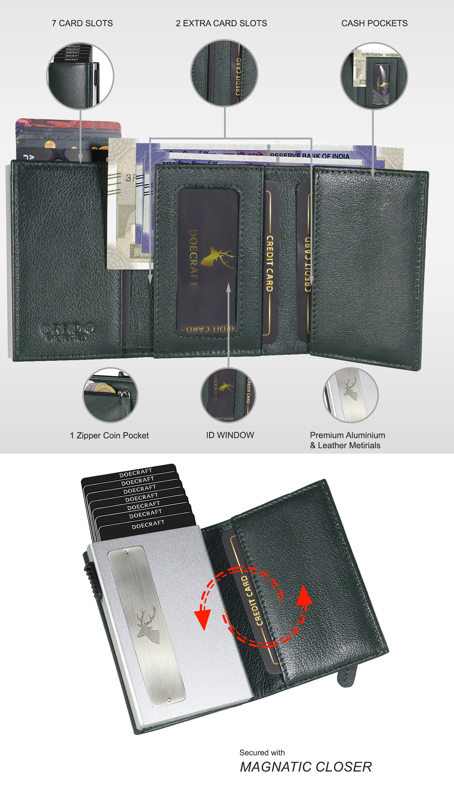 DOECRAFT Men Casual, Formal Green, Silver Genuine Leather, Aluminium Wallet (10 Card Slots)