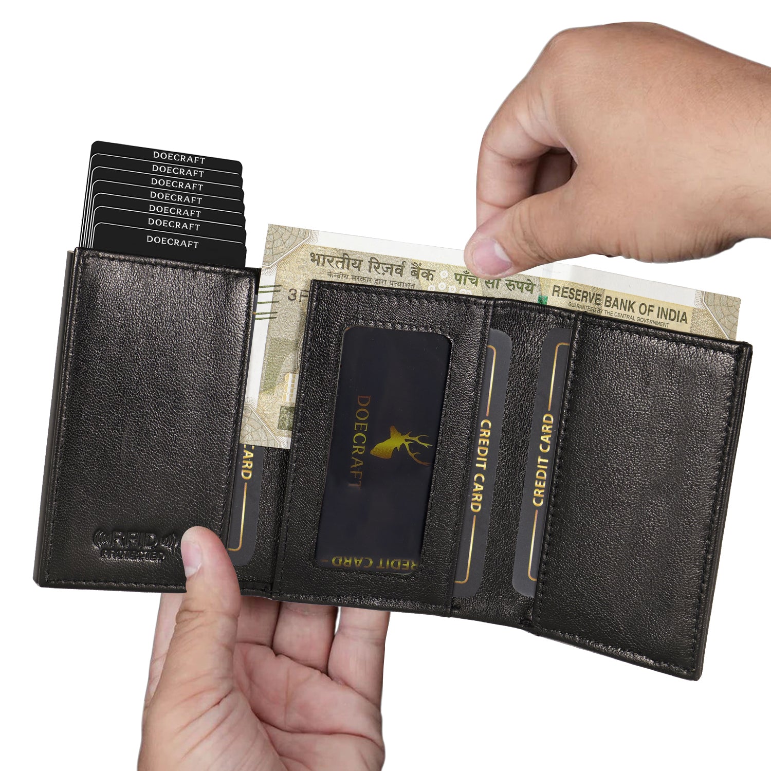 DOECRAFT Men Casual, Formal Black Genuine Leather, Aluminium Wallet (10 Card Slots)