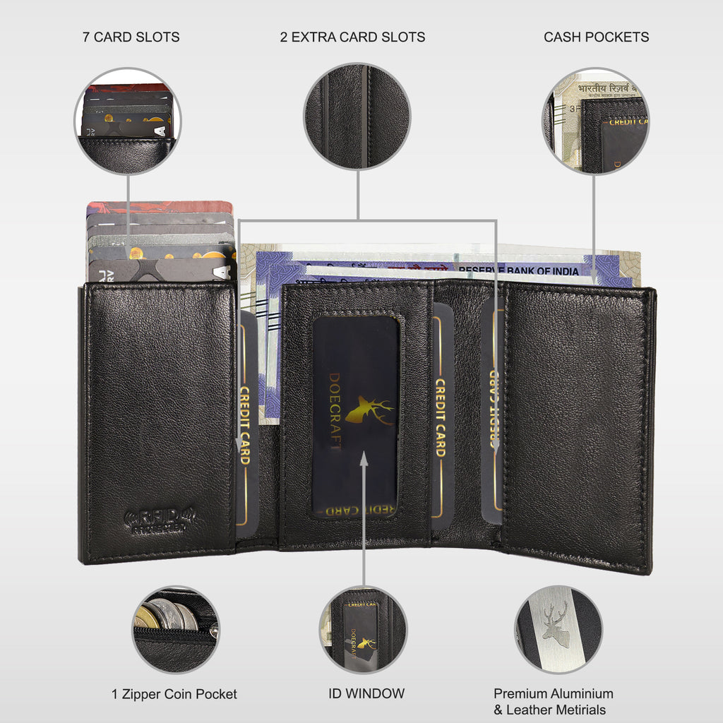 DOECRAFT Men Casual, Formal Black Genuine Leather, Aluminium Wallet (10 Card Slots)