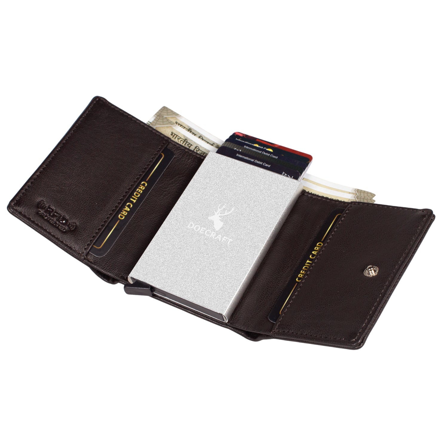DOECRAFT Men Casual, Formal Brown, Silver Genuine Leather Wallet (8 Card Slots)