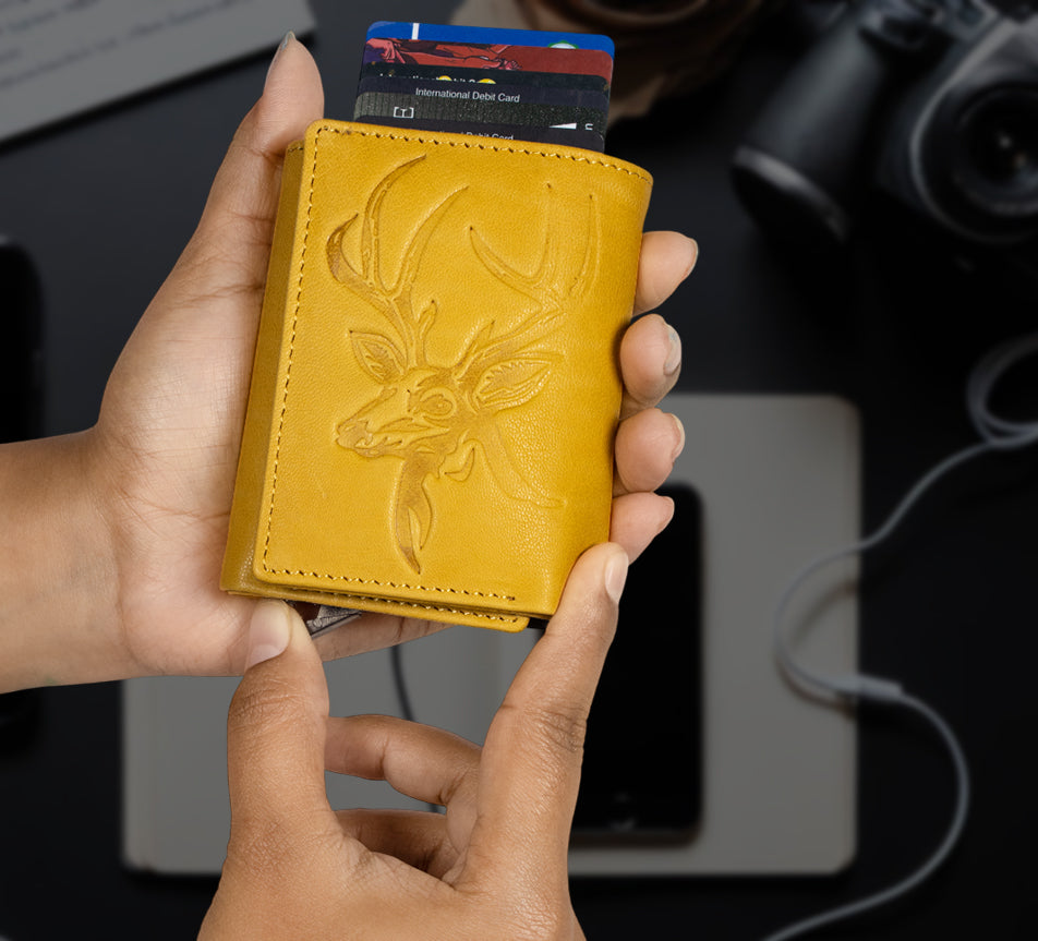 DOECRAFT Men Casual, Formal Yellow, Black Genuine Leather Wallet (8 Card Slots)