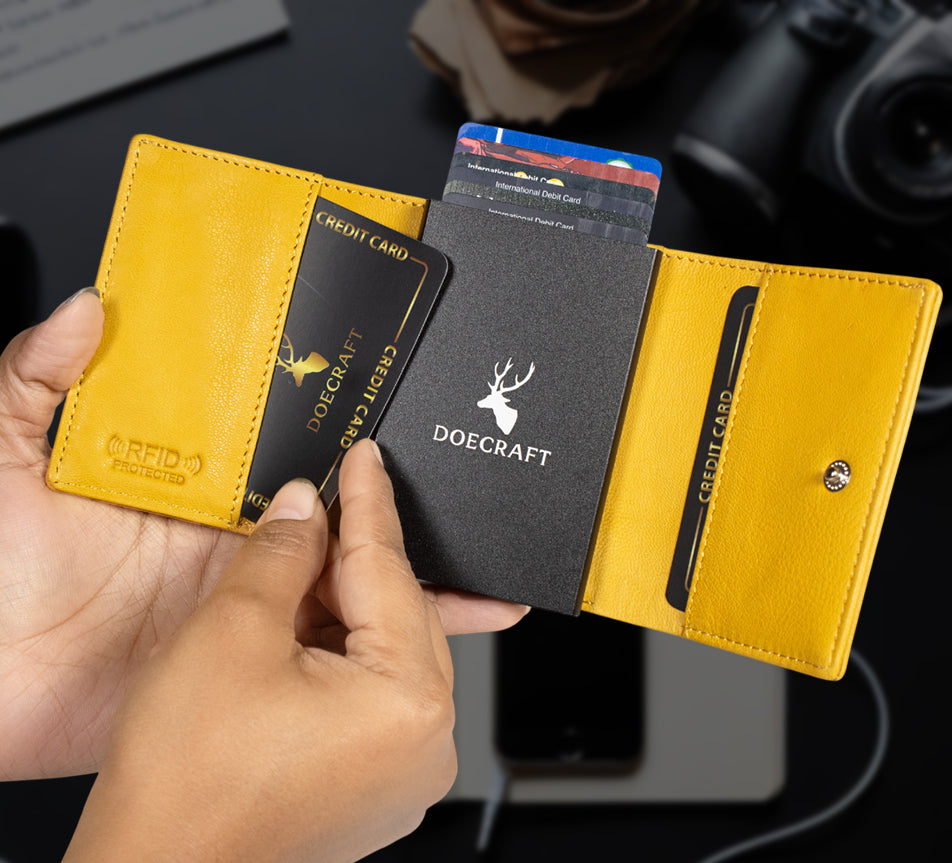 DOECRAFT Men Casual, Formal Yellow, Black Genuine Leather Wallet (8 Card Slots)