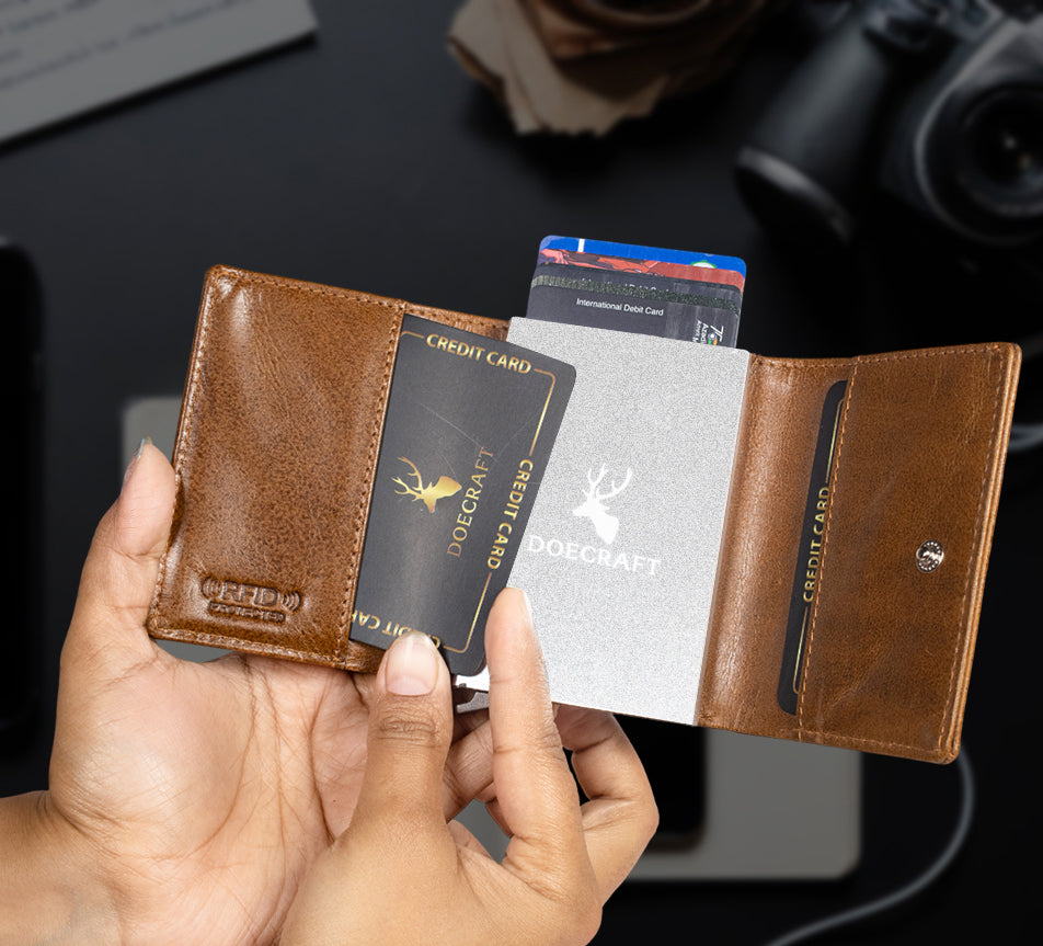 DOECRAFT Men Casual, Formal Tan, Silver Genuine Leather Wallet (8 Card Slots)