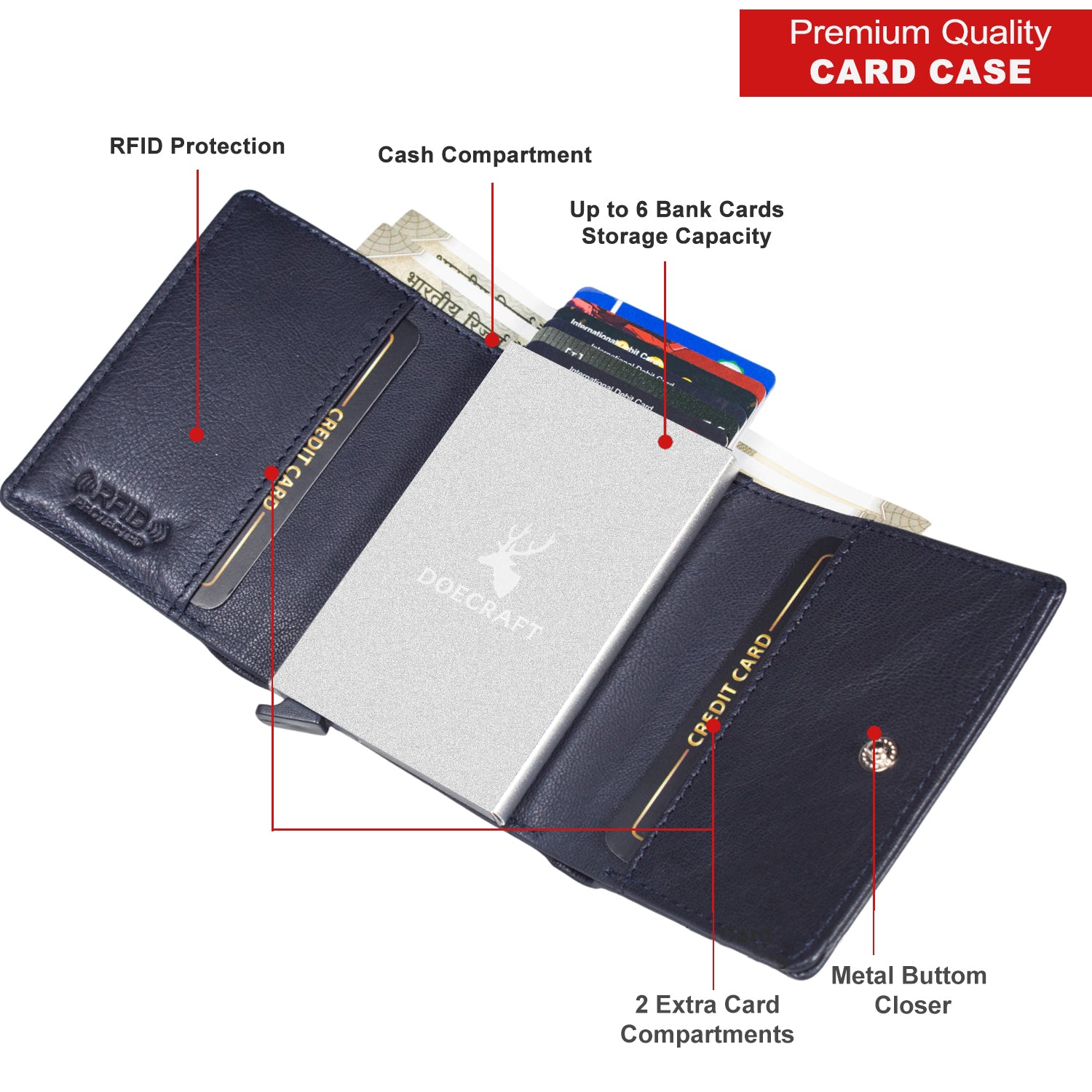 DOECRAFT Men Casual, Formal Blue, Silver Genuine Leather Wallet (8 Card Slots)