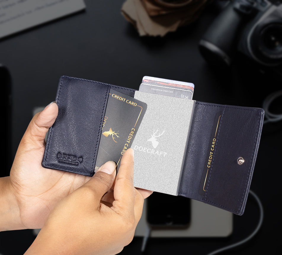 DOECRAFT Men Casual, Formal Blue, Silver Genuine Leather Wallet (8 Card Slots)