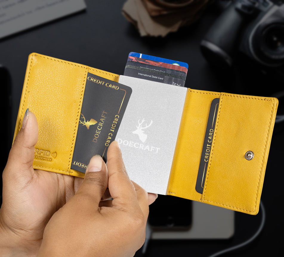 DOECRAFT Men Casual, Formal Yellow, Silver Genuine Leather Wallet (8 Card Slots)