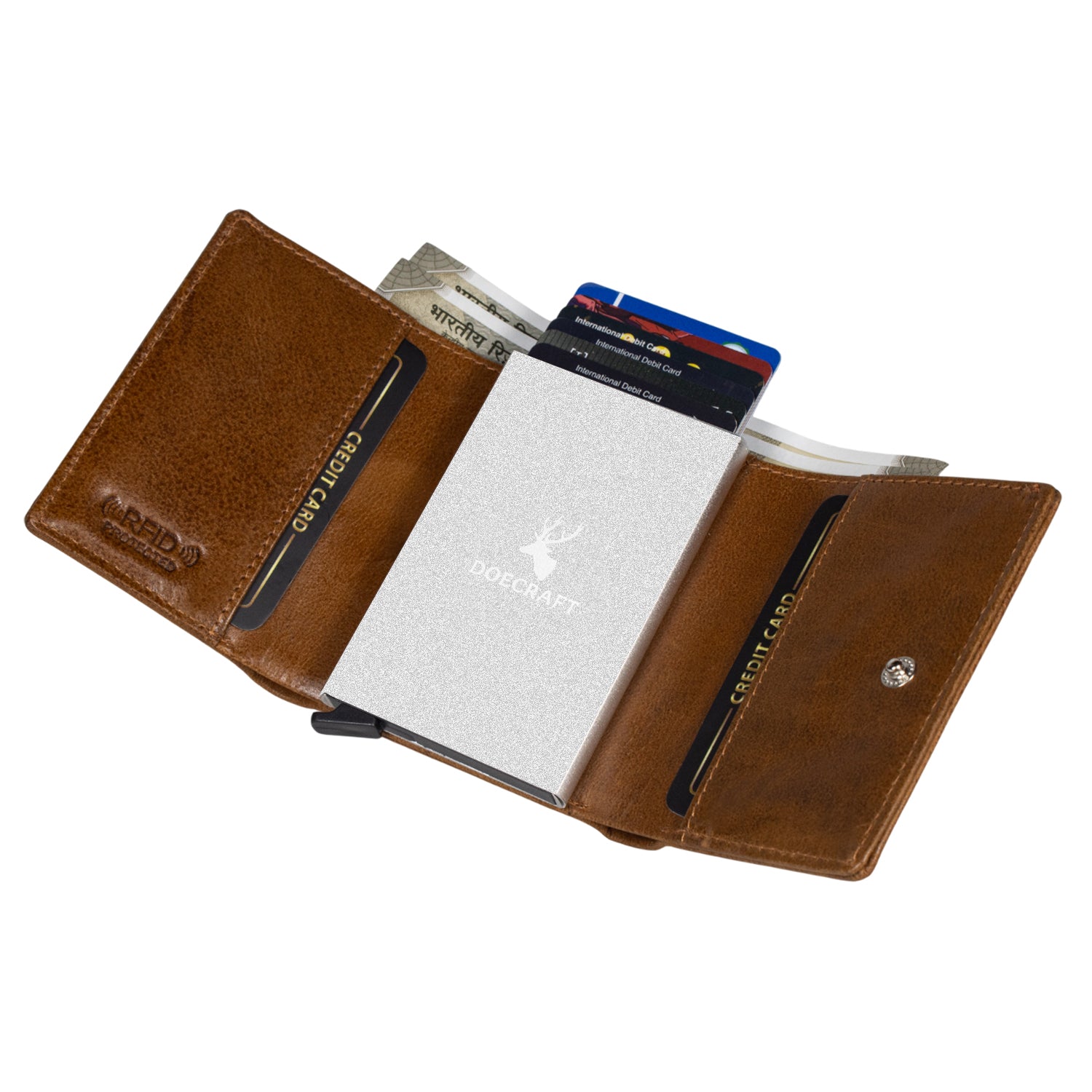 DOECRAFT Men Casual, Formal Tan, Silver Genuine Leather Wallet (8 Card Slots)